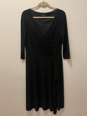 Jones New York Black Faux-Wrap Midi Dress with Draped Side Panel